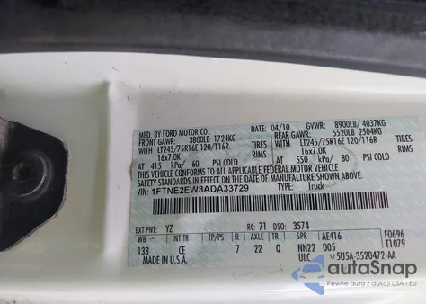 2010 Ford E-250 Commercial/Recreational from USA, damaged, VIN 1FTNE2EW3ADA33729